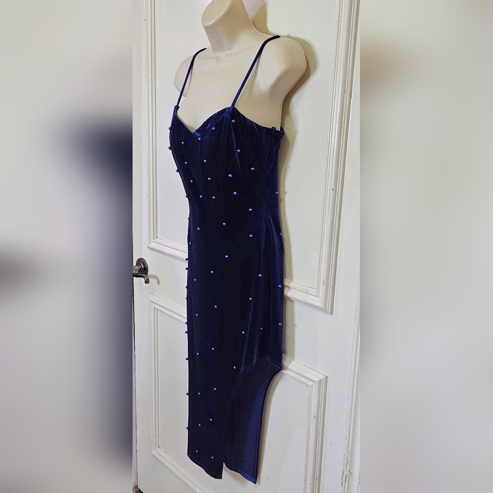 Windsor Navy Blue Velvet Beaded Embellished Asymmetrical Midi Dress,Large - Picture 3 of 16